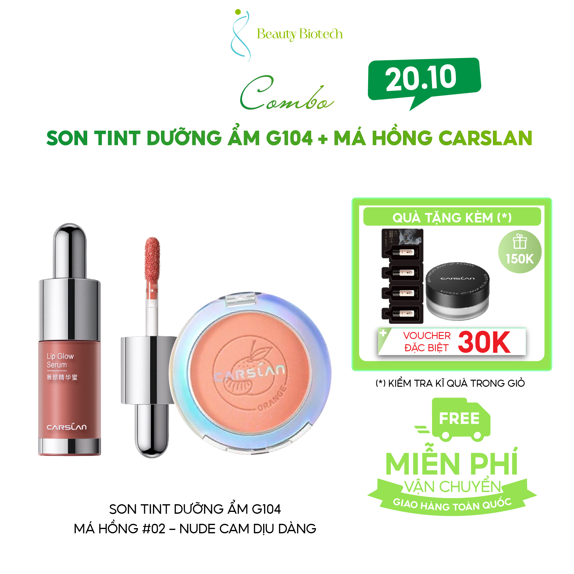 [COMBO CARSLAN] Son Tint Carslan Cấp Ẩm Căng Mọng 4.5g + Phấn Má Hồng Carslan 6 Màu 5.5g